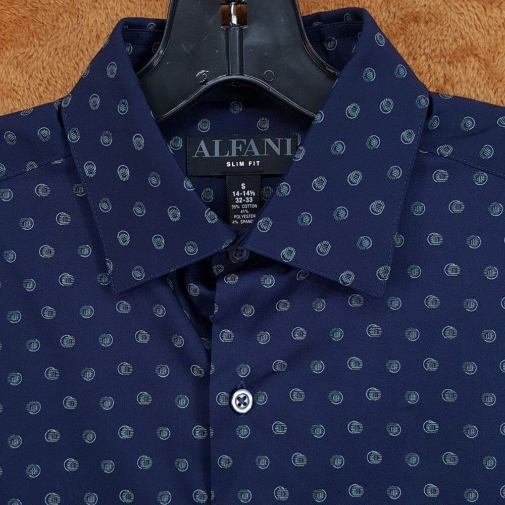 ALFANI Dress Shirt Mens Size 14 14.5 32 33 Navy Blue Neat Geo Slim Fit Stretch